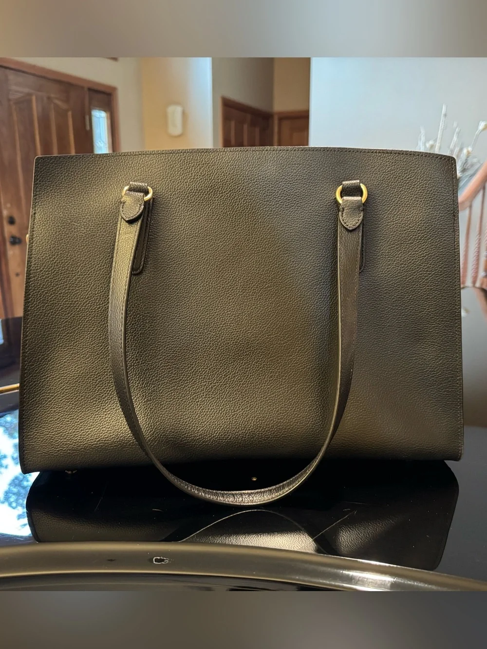 Coach Black Leather Tote with Red Interior Accent